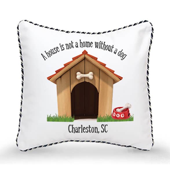Pillow (10x10) - A house is not a home with out a dog (name) for wholesale by Mariasch Studios