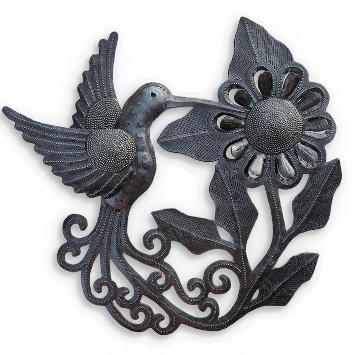 Haiti Fair Trade~ It's Cactus - Wholesale Wall Accent - 11" Blooming Flower with Hummingbird Haitian Metal Wall Art