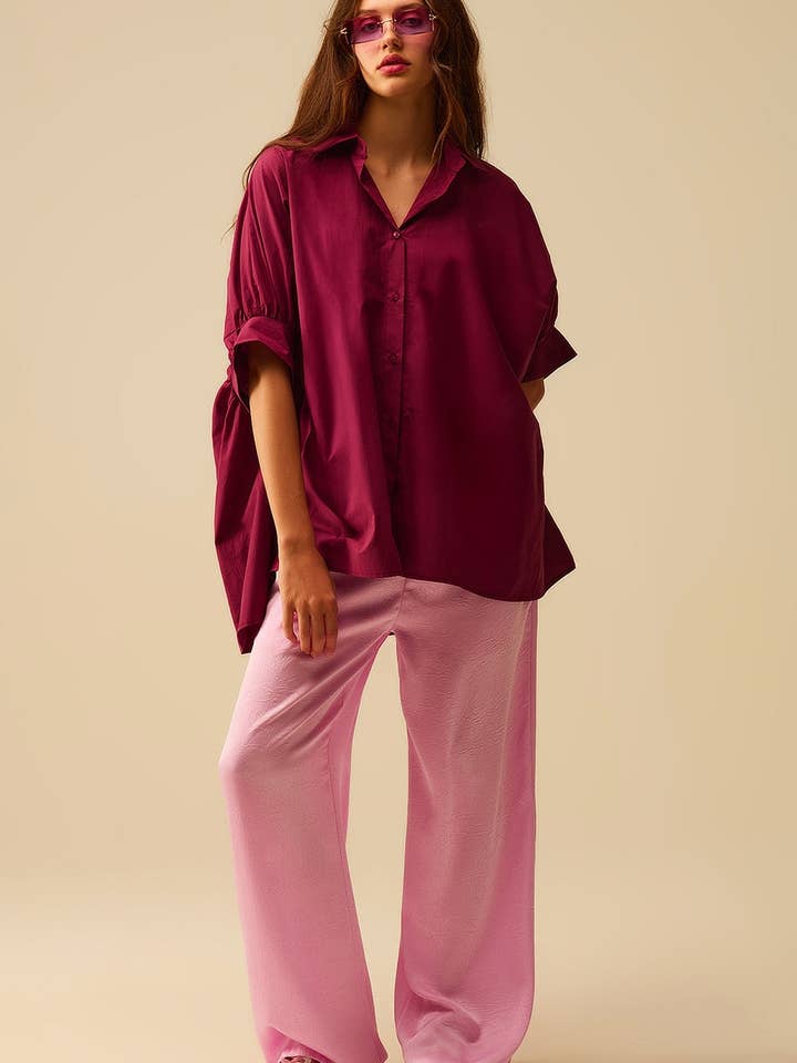 RED Burgundy Oversized Blouse with Short Sleeve for wholesale on Faire4
