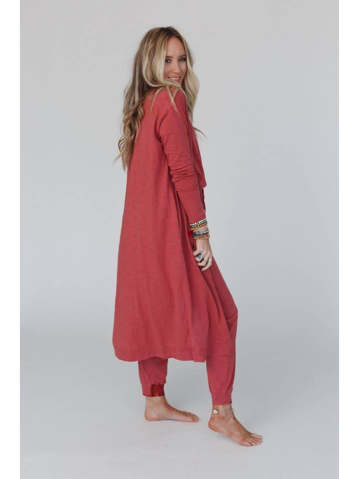 Set to Go Textured Jumpsuit And Cardigan Set - Deep Rust for wholesale on Faire
