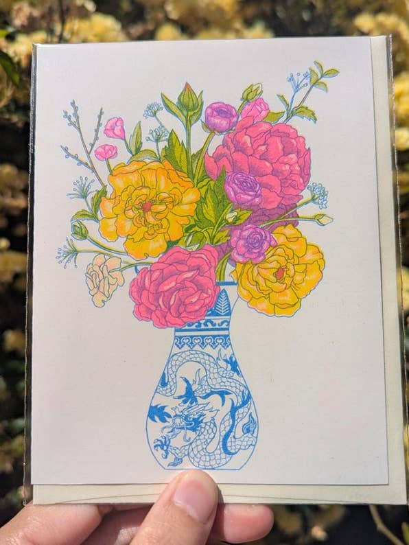 Spring Flowers Art Greeting Card | Risograph Card 4.25"x5.5" for wholesale by Christina Hu