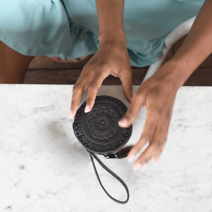 Purse & Clutch - Wholesale Clutch Bag - Women's - Embossed Leather Circle Wristlet in Black2