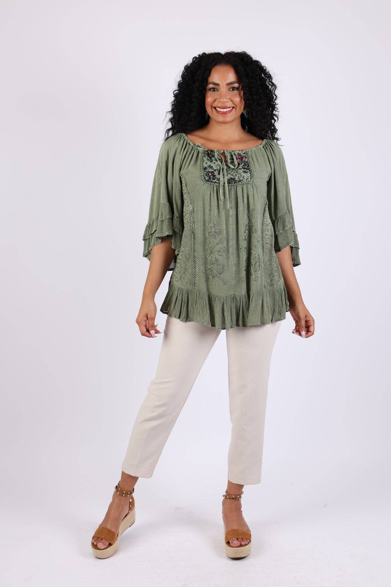 Sacred Threads - Wholesale Blouse - Women's - Embroidered Boho Peasant Blouse: Ruffle Bell Sleeves Top1