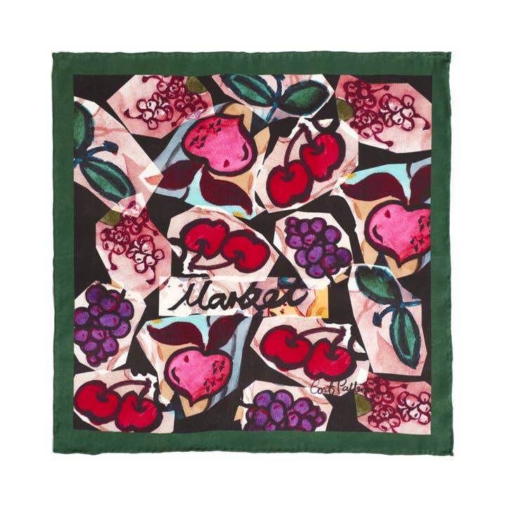 Deep Green "Lost Cherries" Silk Pocket Square for wholesale on Faire