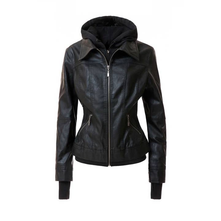 HOODIE PU LEATHER JACKET WITH COLLAR DETAIL for wholesale by Mapcie