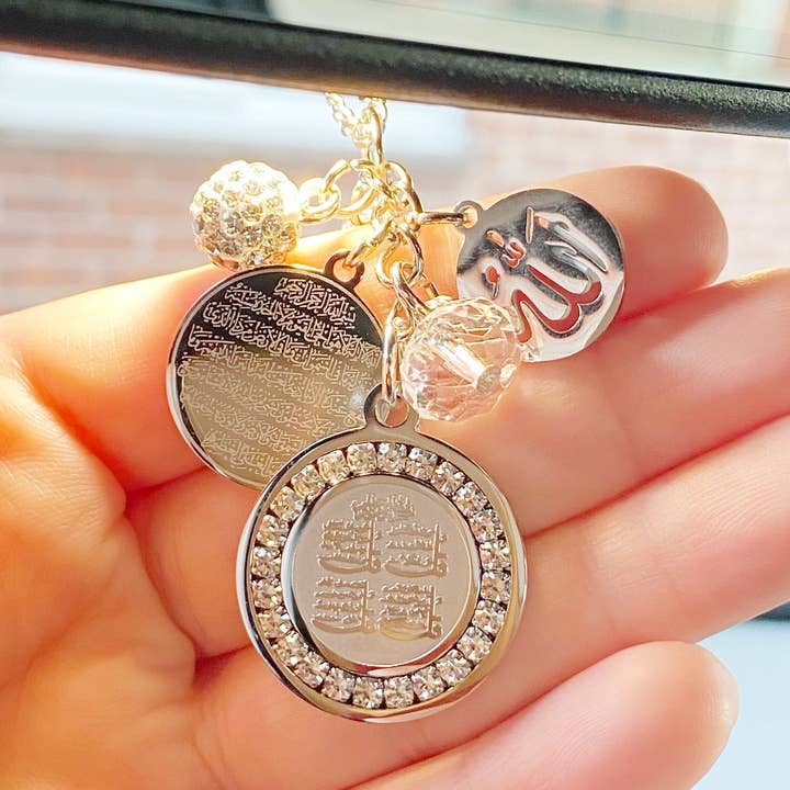 Silver Car Mirror Shiny Ayatul Kursi, Allah, 4Qul Charm, Protection, New Driver Gift, Keyring, Keychain for wholesale by Just For Bubba