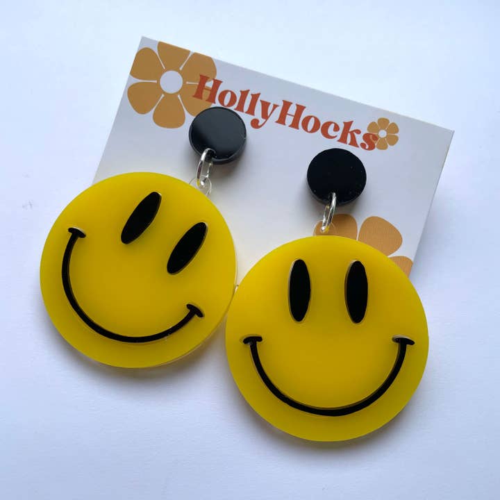 Yellow Smiley Face Acrylic Earrings for wholesale by HollyHocks Jewellery