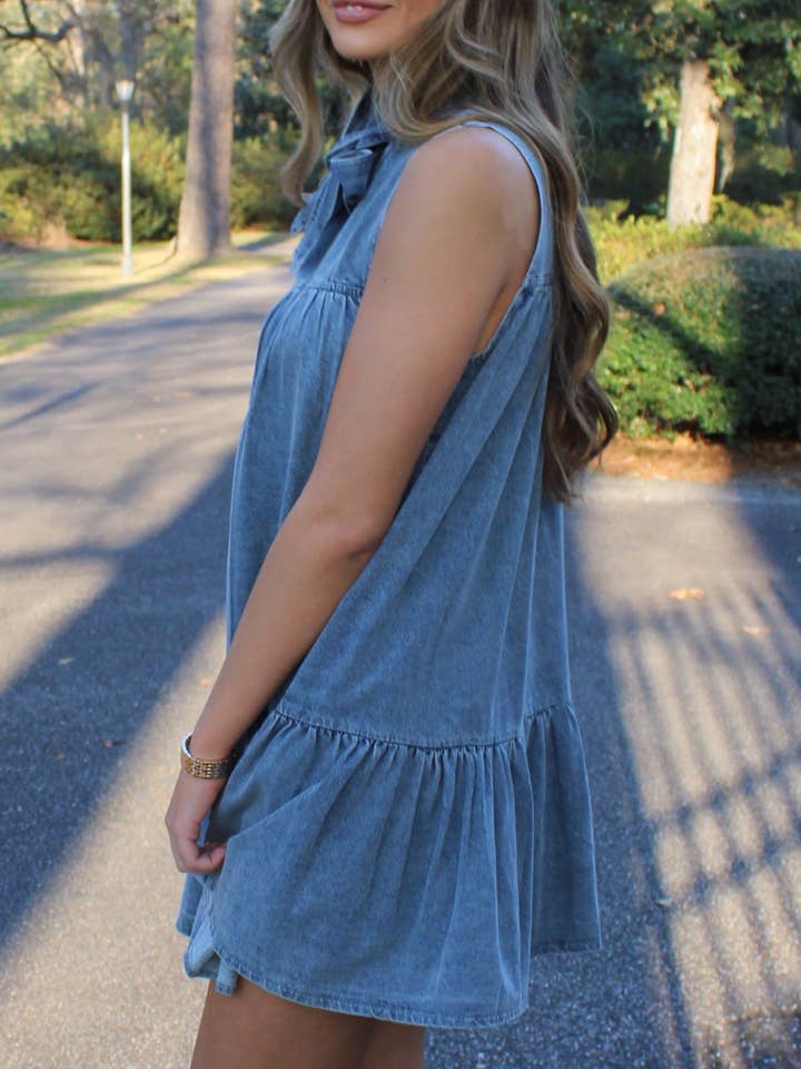 Blue Sleeveless Lace-Up Bow Loose Denim Dress for wholesale on Faire