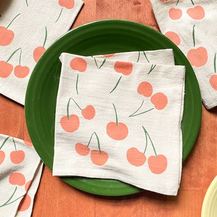 Pink Cherries Hand Printed Cotton Napkins, Set of 4 for wholesale by Bright Beige