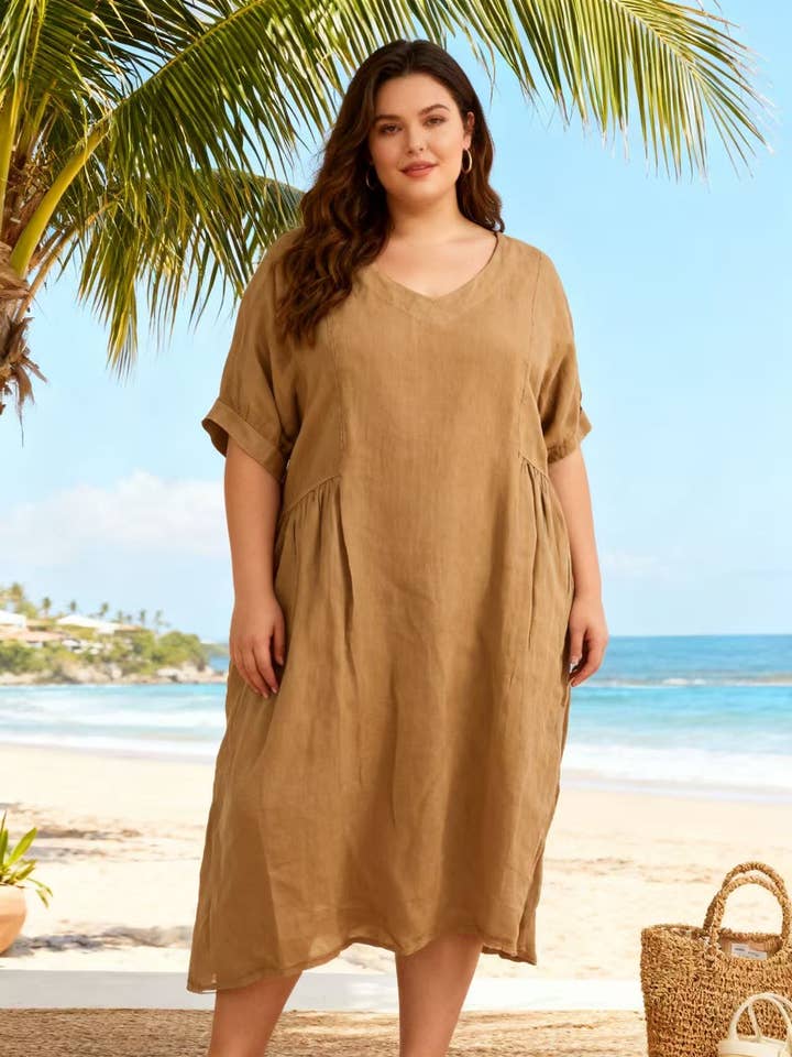 Plus size linen dress REF. 5454 for wholesale by Lea & Luc - Grandes Tailles