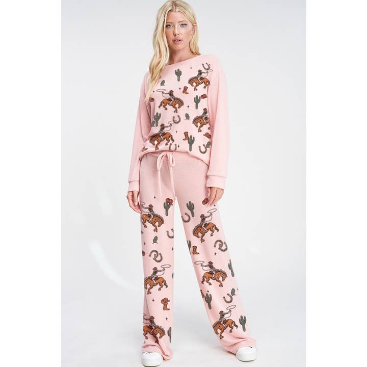 Phil Love - Wholesale Lounge Set - Women's - Cowgirl cactus print soft brushed loungewear set 10
