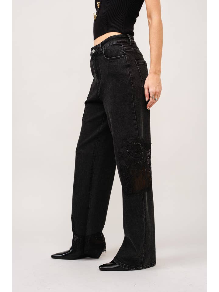 Blue B - Wholesale Jeans - Women's - 23421P - Lace Patchwork Straight Leg Jeans1