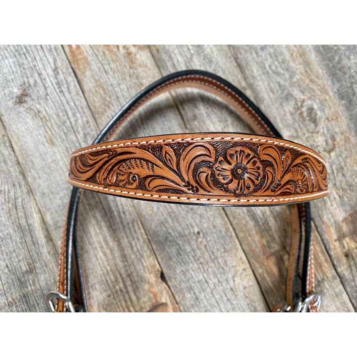 Rodeo Drive - Wholesale Horseback Riding Gear - Light Oil Floral Tooled Buckaroo Style Browband Headstall / Bridle