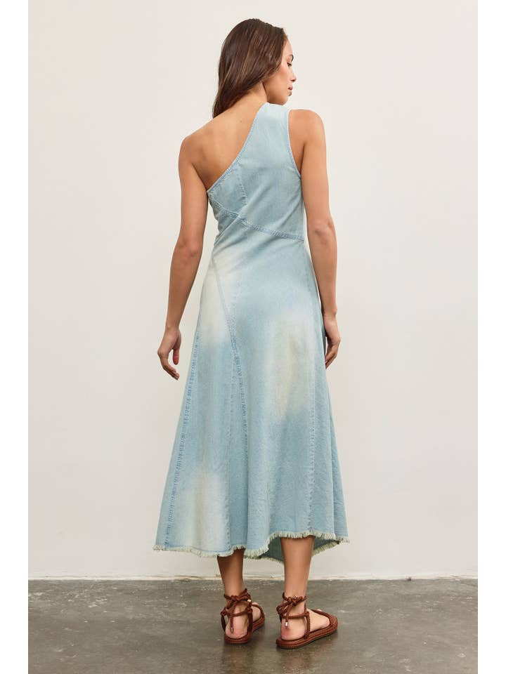 RAW CUT HEM ONE SHOULDER DENIM DRESS for wholesale on Faire