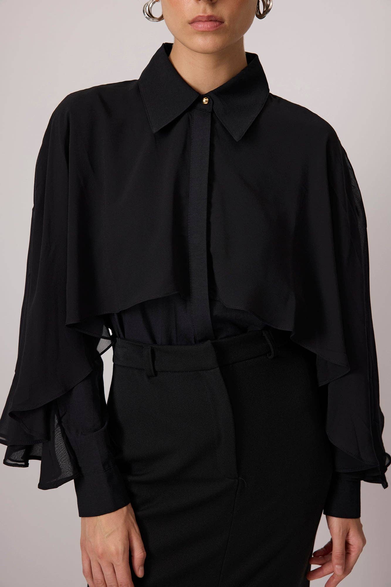 Black Poplin Shirt with Flowing Chiffon Cape Detail for wholesale on Faire3