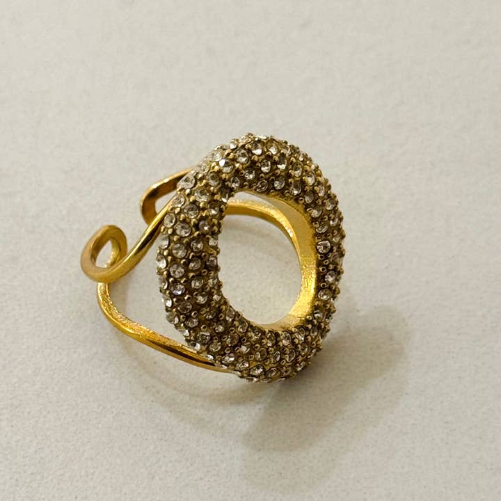 Cassette Barcelona - Wholesale Multi-Stone Ring - Big Gap Adjustable Stainless Steel Ring w White Zirconias