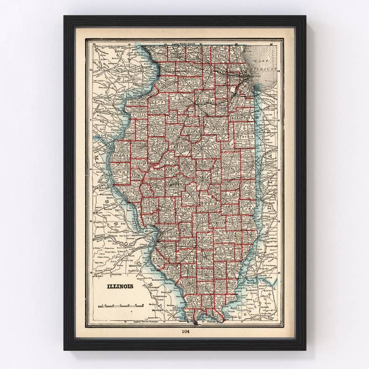 Vintage Map of Illinois 1893 for wholesale by Ted's Vintage Art