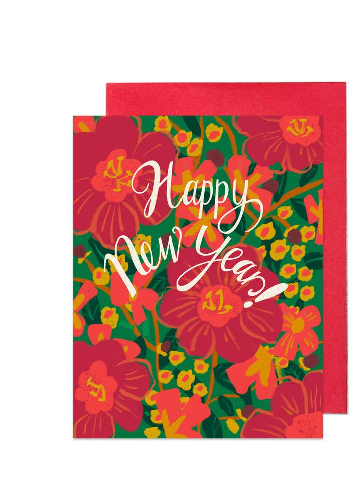 Bonne année ! avec de belles fleurs rouges pour la vente par LadooLadoo