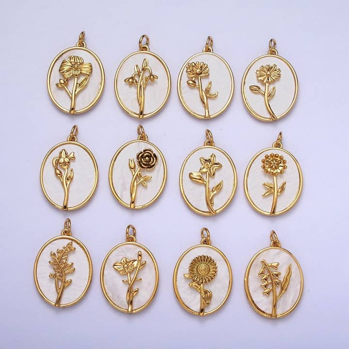 24K Gold Filled Birth Flower Personalized Oval Shell Pearl Charm | E-313-E-324 for wholesale by Aim Eternal