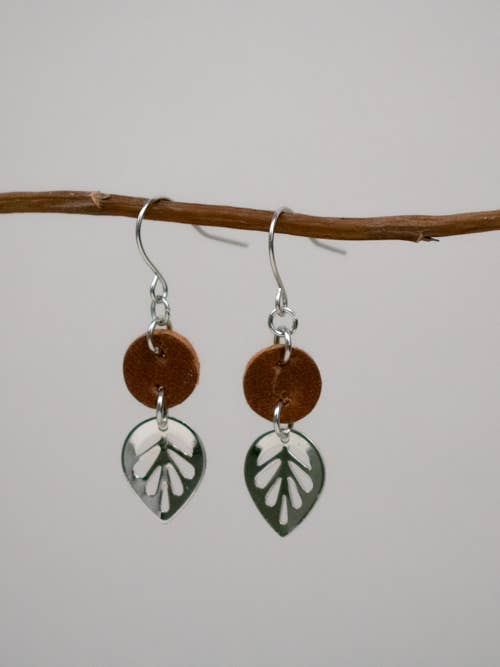 Dainty Leather Circle w/ Dainty Silver Hanging Leaf for wholesale by Oak Creek Collection Handmade