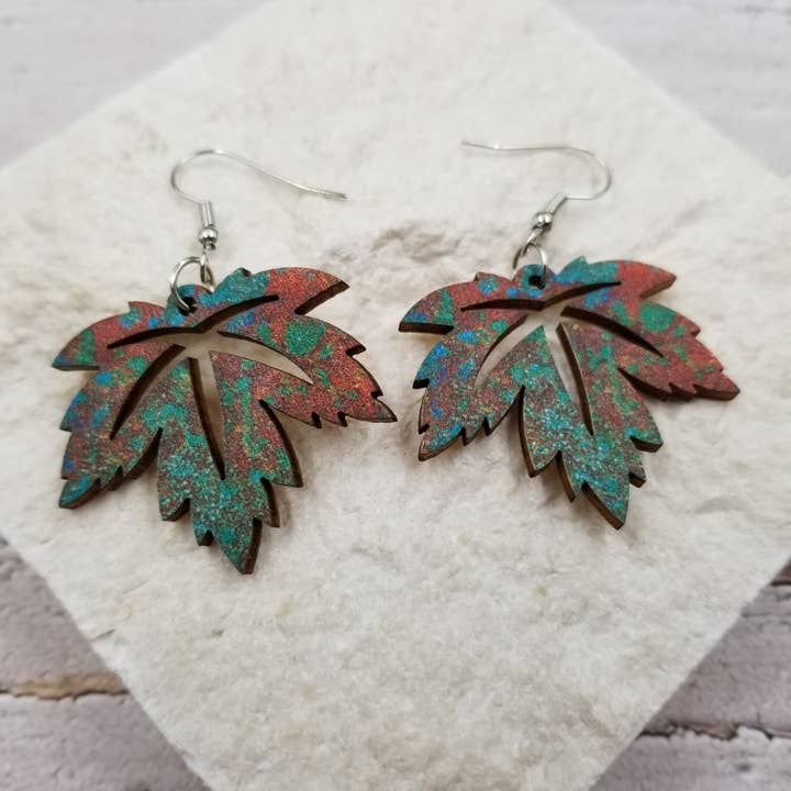 Boho Wood Maple Leaf Earrings for wholesale by Treasure Wholesale