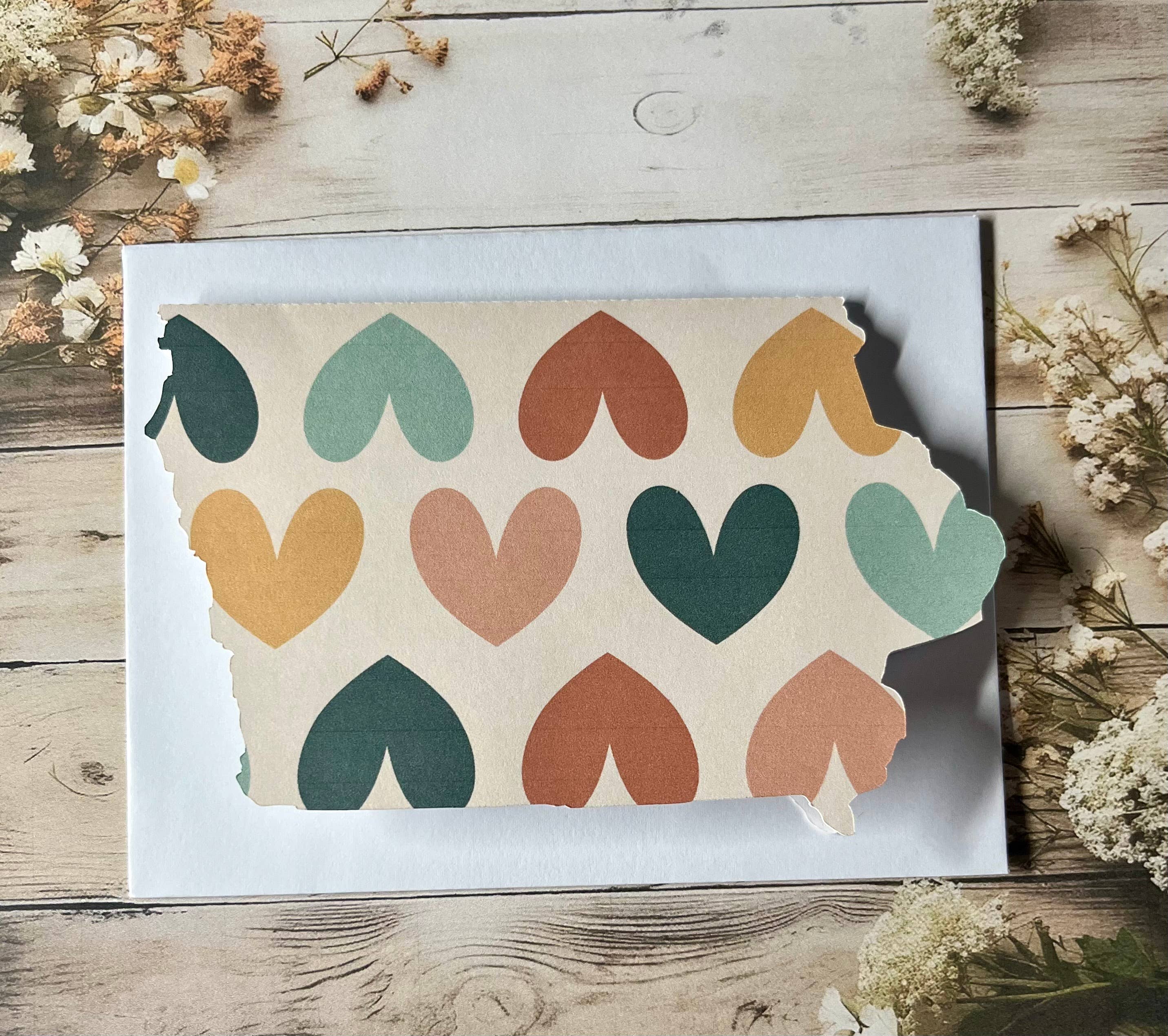 Iowa Paper Farm - Wholesale Love Card - Iowa with colorful hearts greeting card - single1