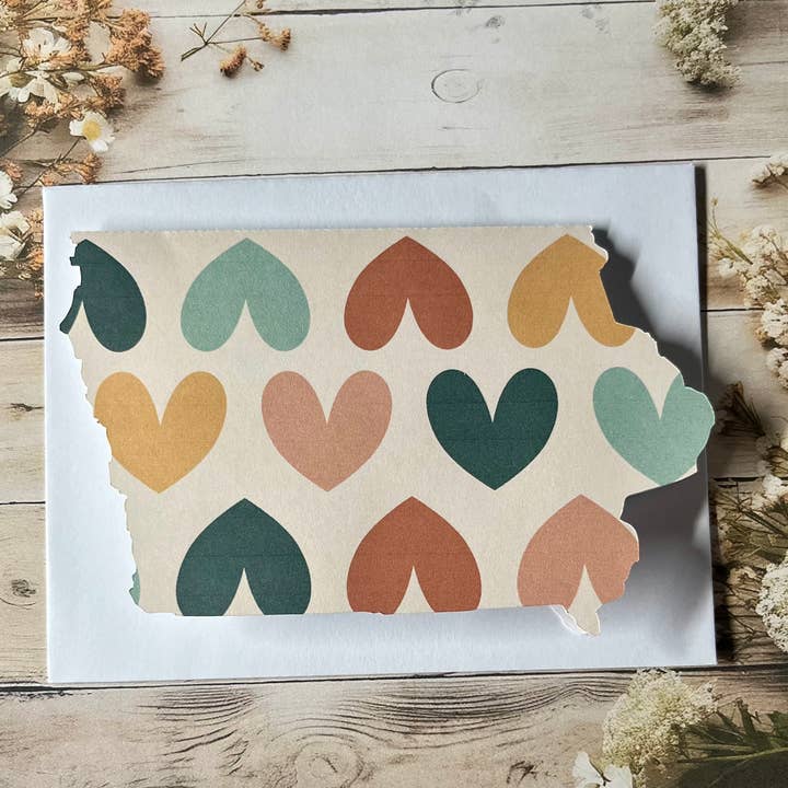 Iowa Paper Farm - Wholesale Love Card - Iowa with colorful hearts greeting card - single1