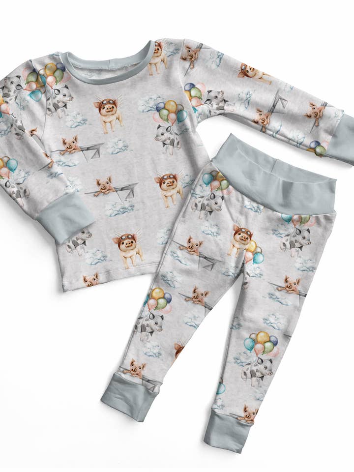 When Pigs Fly Two-Piece Pajama Set (PRE-ORDER) for wholesale by Wildwoven