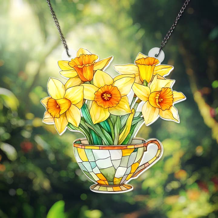 Merchemy - Wholesale Ornament - Flower Daffodils Teacup Acrylic Window Hanging Ornament1