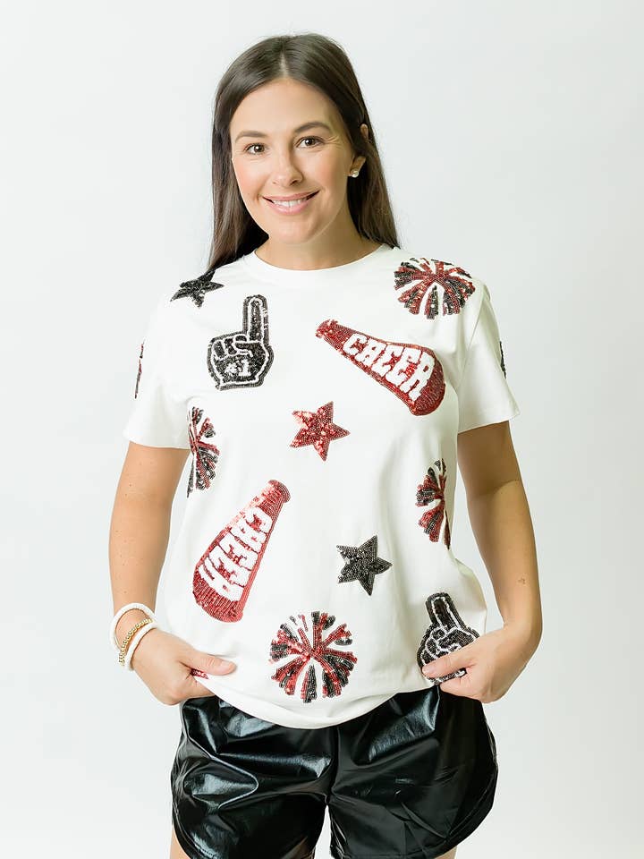 Black and Red Cheer Sequin Shirt for wholesale by Belle Cher