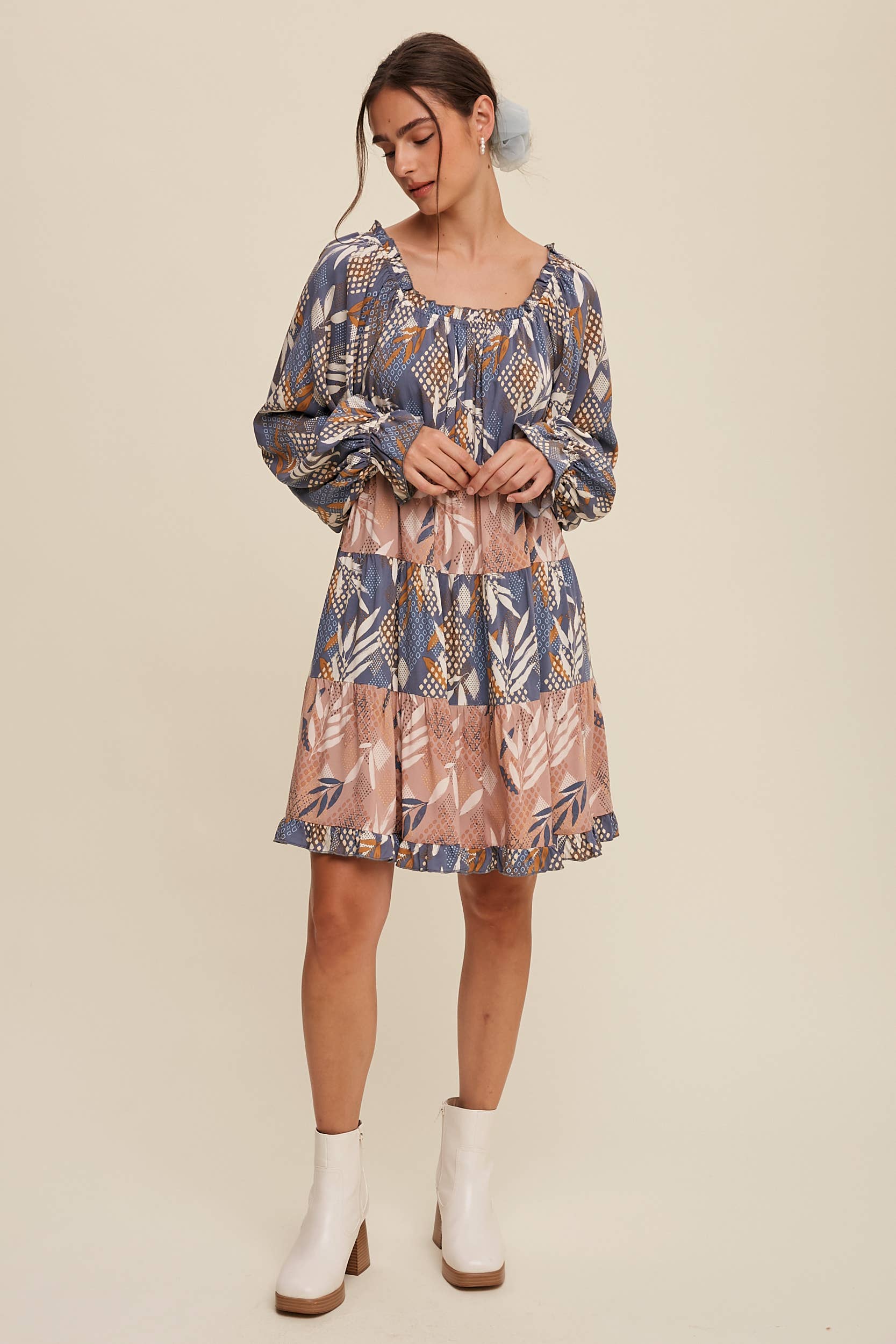 Listicle - Wholesale Dress - Women's - Patchwork Puff-Sleeve Tiered Mini Dress23