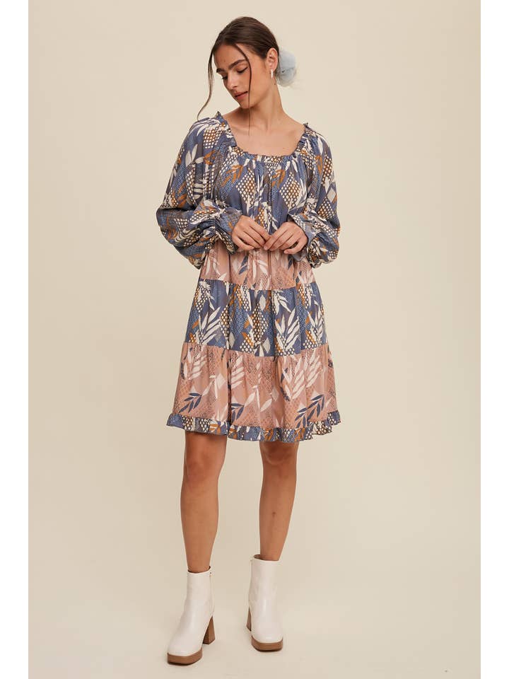 Listicle - Wholesale Dress - Women's - Patchwork Puff-Sleeve Tiered Mini Dress23