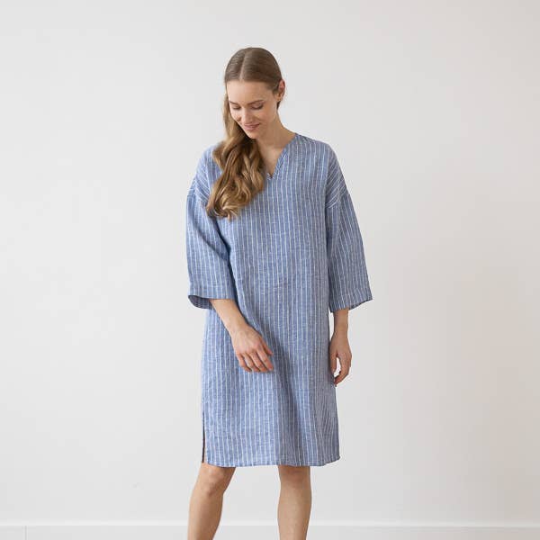 Linnen tuniek met grote streep Blue Nida voor wholesale door LinenMe