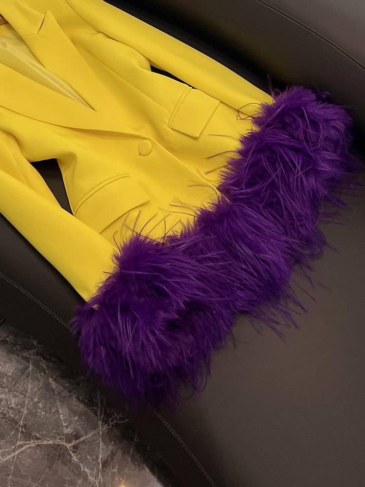 SY372 Yellow Blazer with Purple Feather Cuffs for wholesale on Faire5