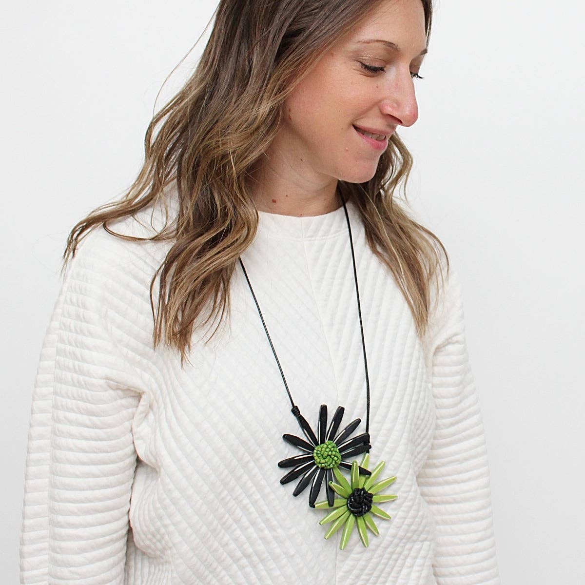 Sylca Designs - Wholesale Pendant/Charm Necklace - Black and Green Amaya Double Flower Statement Necklace1