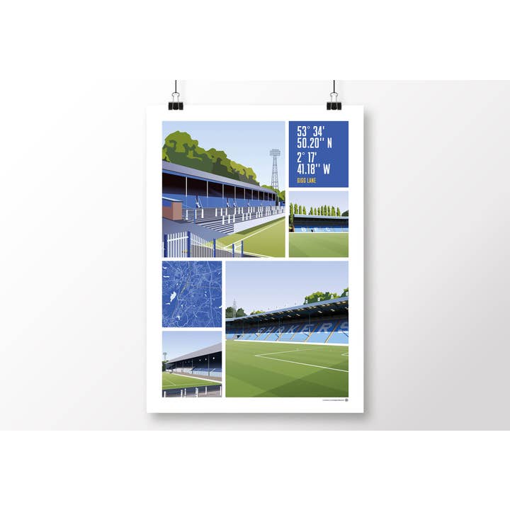 Affiche des vues de Gigg Lane à Bury pour la vente par Matthew J I Wood Design & Illustration