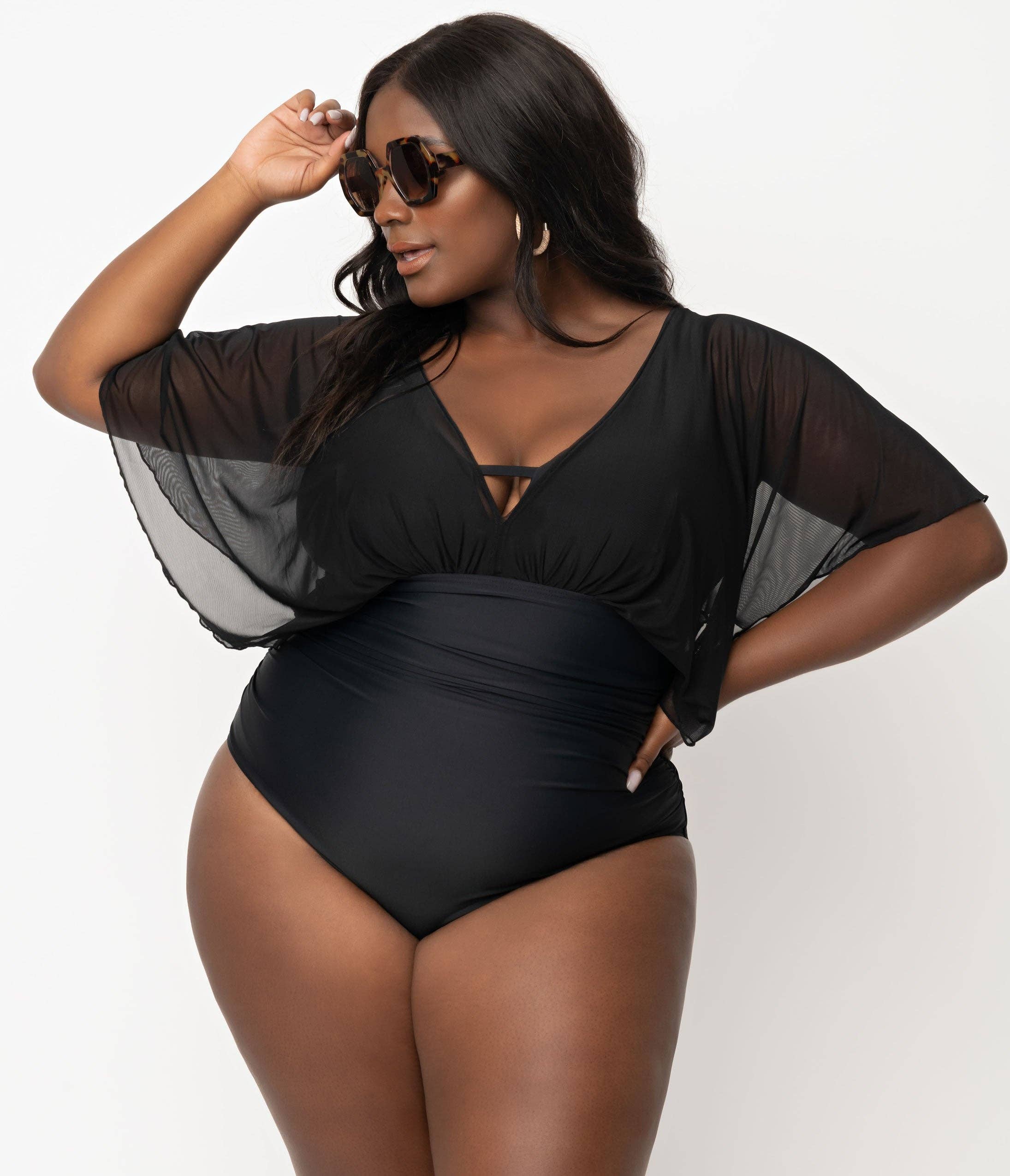Unique Vintage - Wholesale One Piece Swimsuit - Women's - UV Plus Size Black Mesh Sleeved Torrey Swimsuit4