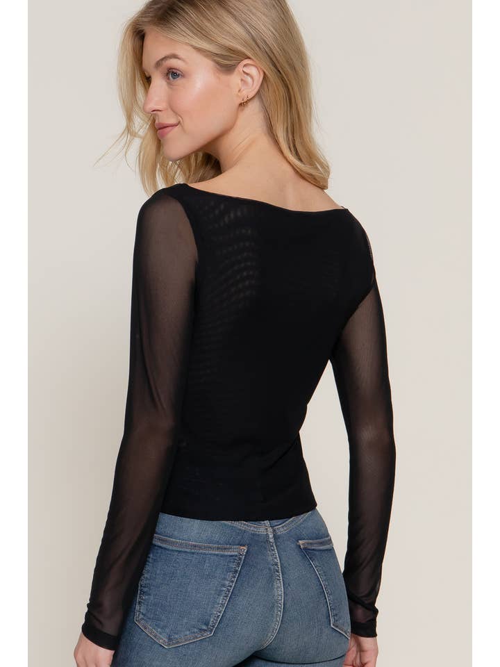 Active Basic | Active USA - Wholesale Knit Top - Women's - Long Sleeve Boat Neck Double Layer Mesh Top5