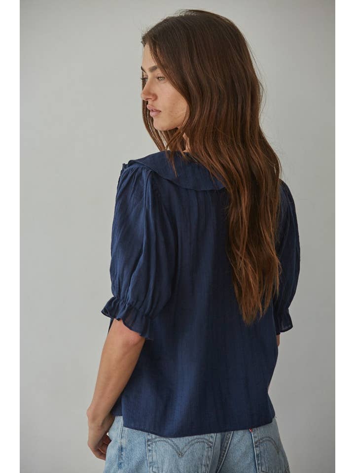 Navy L8439 | Woven Cotton Buttondown V-Neck Short Sleeve Top for wholesale on Faire
