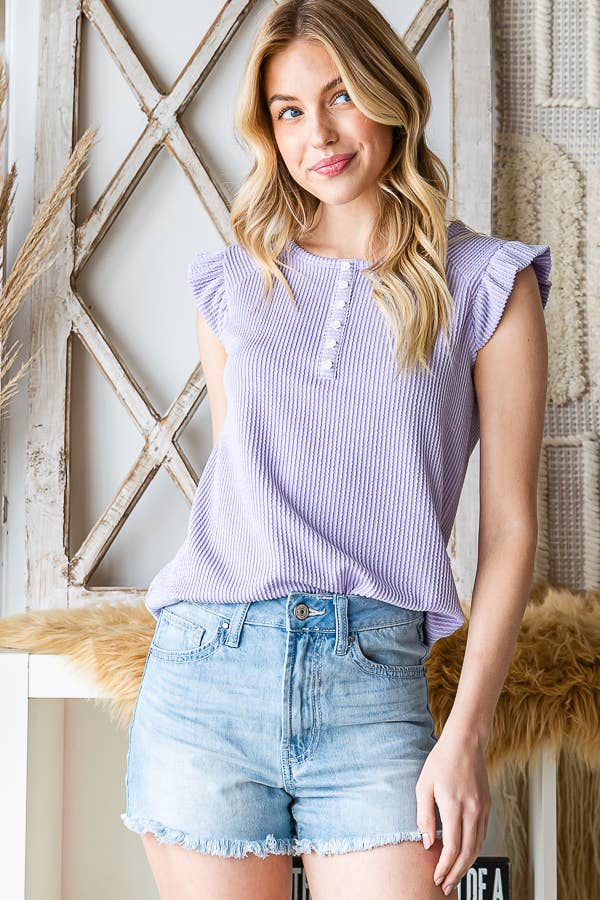 7th Ray – Engroshandel Strikket top - Dame – Solid Rib Knap-Front Flæseærme Top T515615