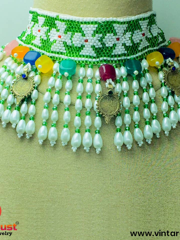 Grøn og hvid Beaded og perler Choker halskæde for engroshandel hos vintarust
