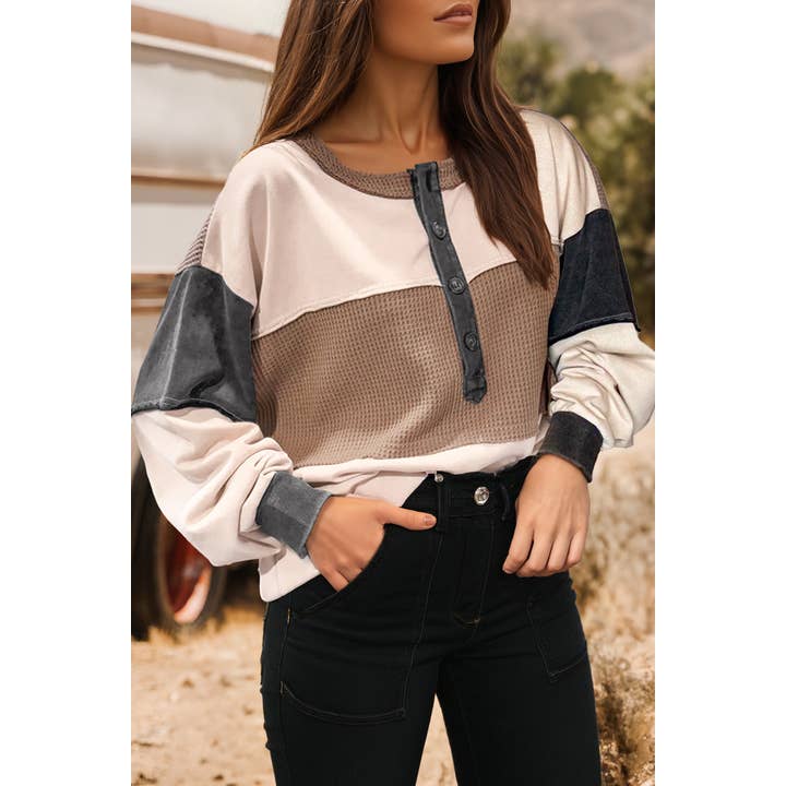 Color Block Waffled Patchwork Loose Henley Top*S-4X for wholesale by fashionworks
