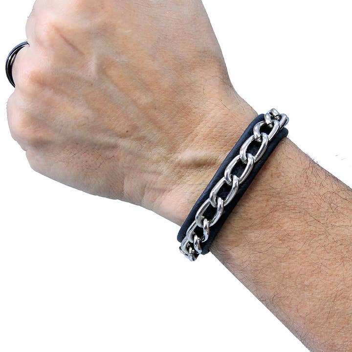 Smal Läder- och Kedjearmband i Svart #WB25580CS för wholesale av JAMIN LEATHER