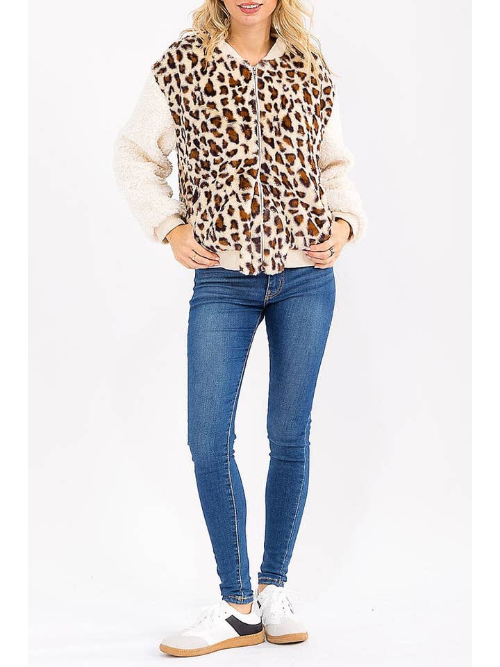 Beige ZIP UP FRONT POCKETS ANIMAL PRINT SHERPA JACKET for wholesale on Faire1