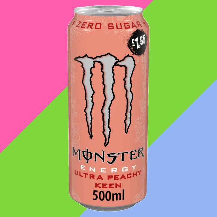 Monster Energy Drink Ultra Peachy Keen Zero Zucchero 12x500ml PM £1,65 per la vendita all'ingrosso da parte di Gaffney's Sweets & Treats Wholesale