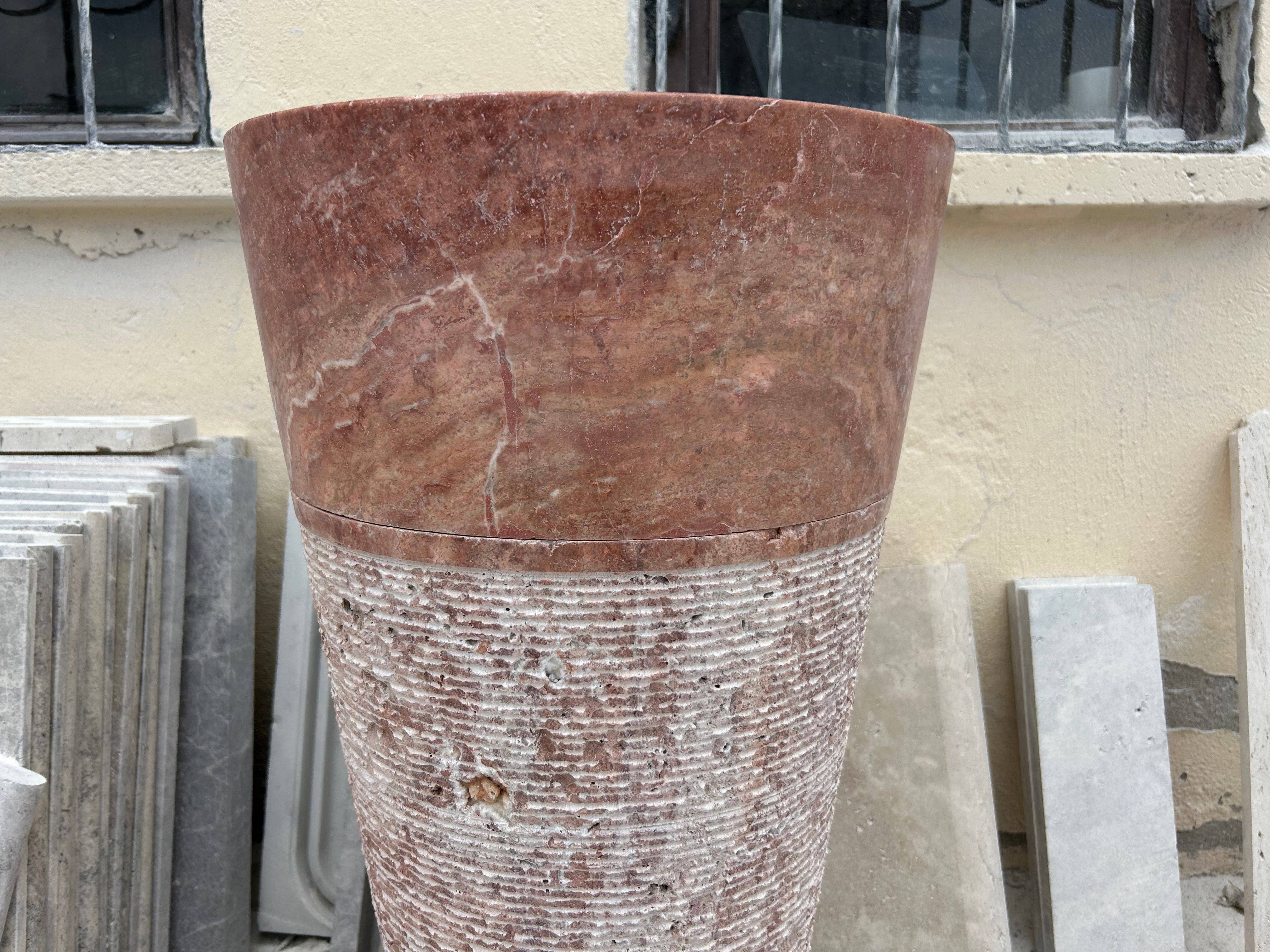 Arbon Marble - Wholesale Bathroom Accessory Set - Red Travertine Pedestal Sink Rustic Design, Powder Room Free Standing Sink for Farmhouse Bathroom3