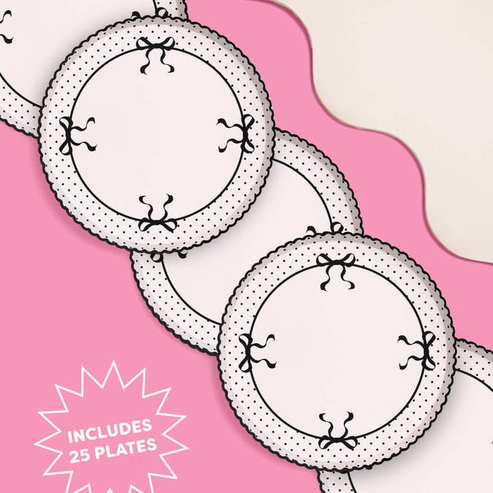 xo, Fetti - Vente Assiette jetable - Assiettes en papier nœud noir | 25 unités, douche nuptiale, fête de célibataire1