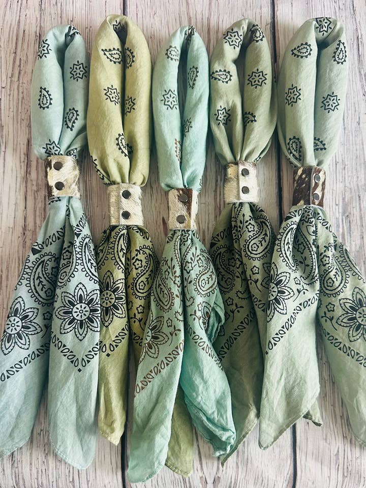 Sage Hues Hand Dyed Bandanas with Leather Slides for wholesale by Boots Are My Roots