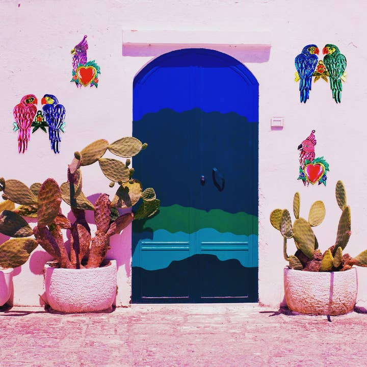 PINK PAMPAS - Wholesale Wall Accent - Mexican handmade colorful wall tin parrots
