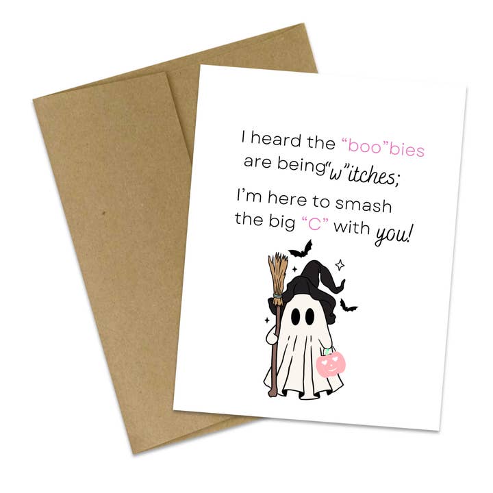 Halloween-Karte zur Aufklärung über Brustkrebs mit Gespenst und Rosa für den Großhandel von Butterflies + Halos